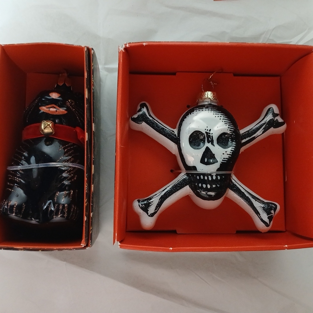 John Derian For Target Ornaments Bundle Of 2 Mystical Skull/Crossbones And Cat